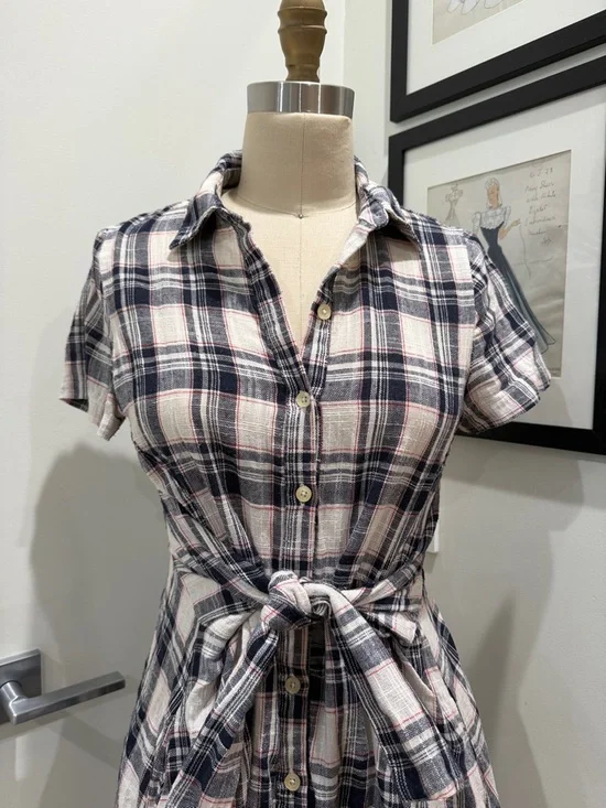 Plaid Button-Front Tie-Waist Shirt Dress - Navy & Cream - Picture 3 of 5